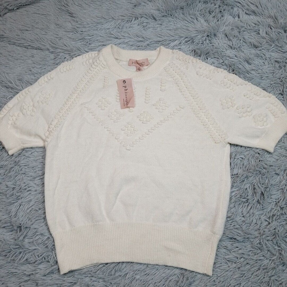 Philosophy Sweater Womens L Off White Soft Cozy Comfort Preppy Short‎ Sleeve New
